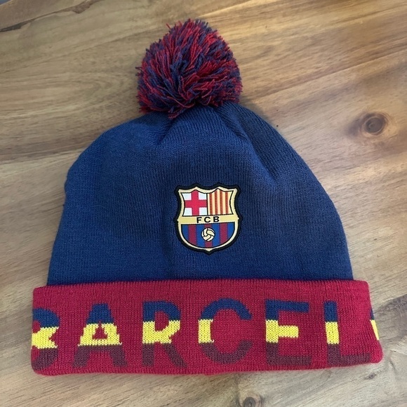Other - FC Barcelona Beanie Hat Pom Knit Logo Football Soccer Cap Wrap Around Text